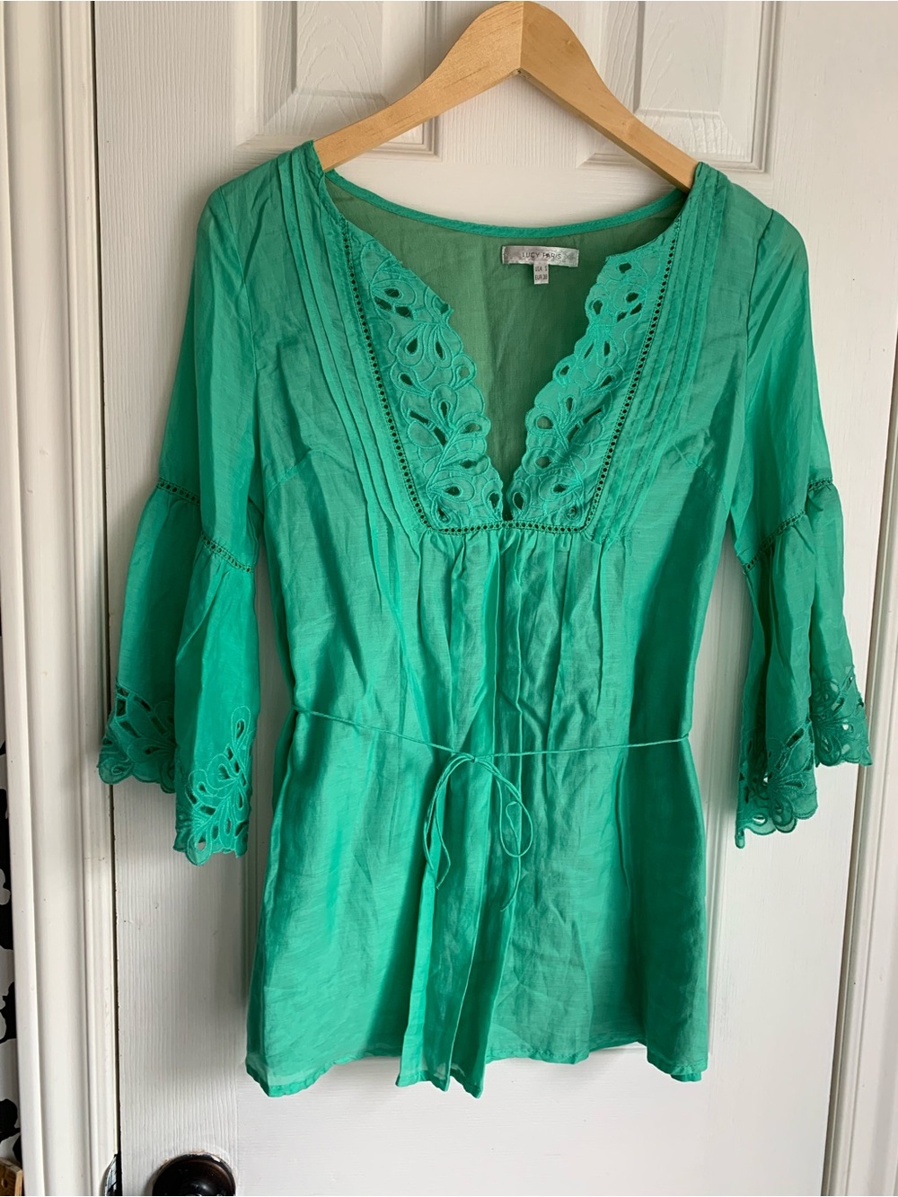 Lucy Paris Silk Teal Green V-Neck Eyelet Tunic flowy feminine